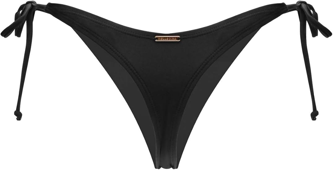Bas de bikini tanga noir Relleciga posé à plat, avec liens coulissants visibles sur les côtés.