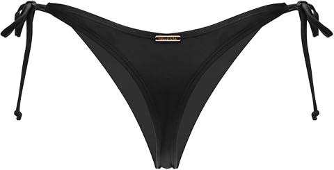 Bas de bikini tanga noir Relleciga posé à plat, avec liens coulissants visibles sur les côtés.