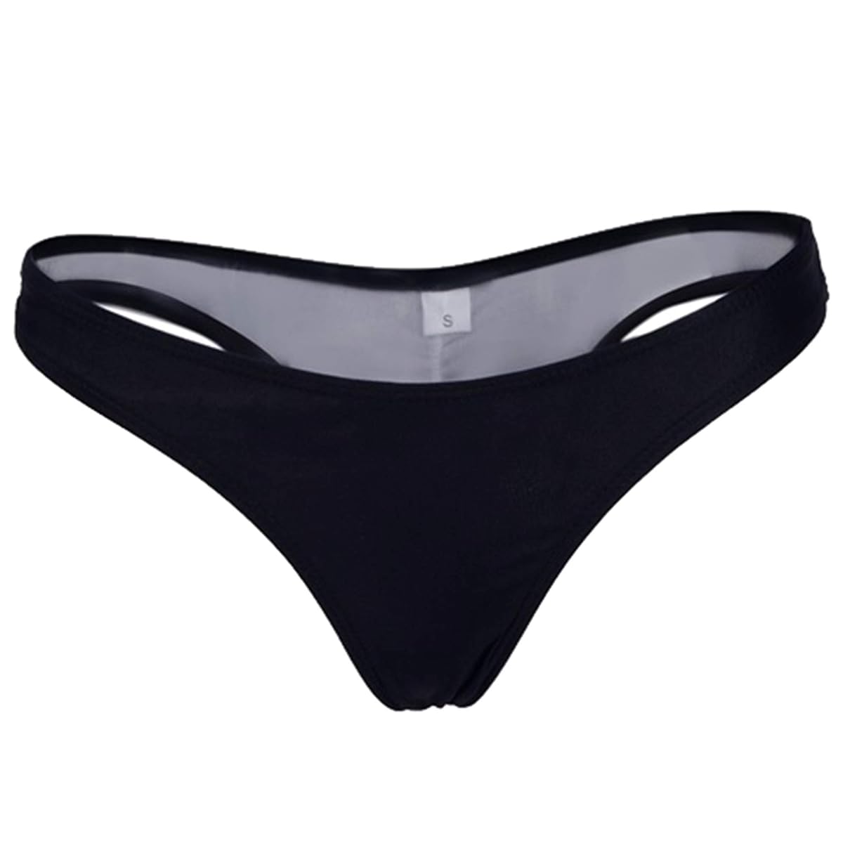 Bas de bikini tanga noir uni avec dos froncé, posé sur une pierre claire près d’un lin ivoire