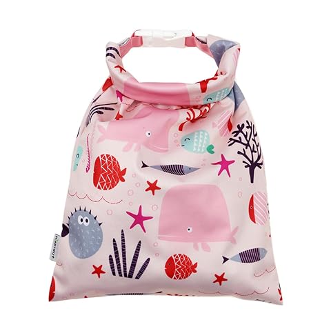 Pochette rose en nylon à motif caricatural, fermée par enroulement avec sa boucle de transport visible