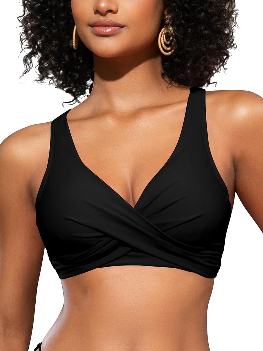 Haut de bikini noir à armatures, décolleté plissé et bride croisée réglable au dos