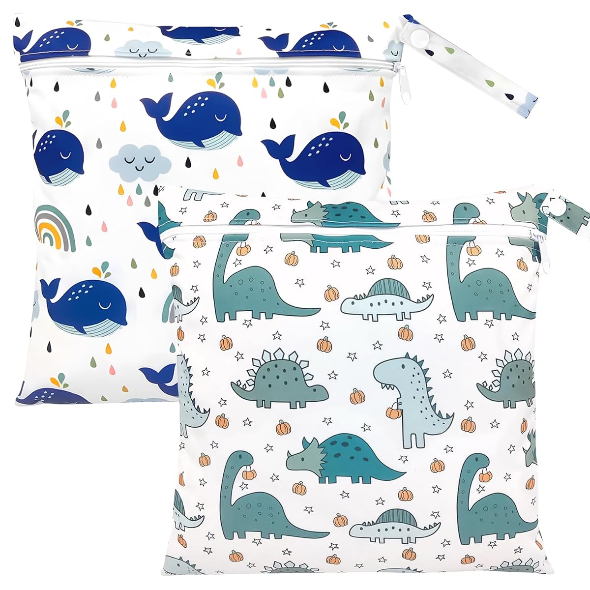 Deux pochettes pour linge humide à motifs baleine arc-en-ciel et dinosaure citrouille