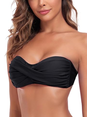 Haut de bikini bandeau noir à devant torsadé, lien réglable au dos et bretelle amovible