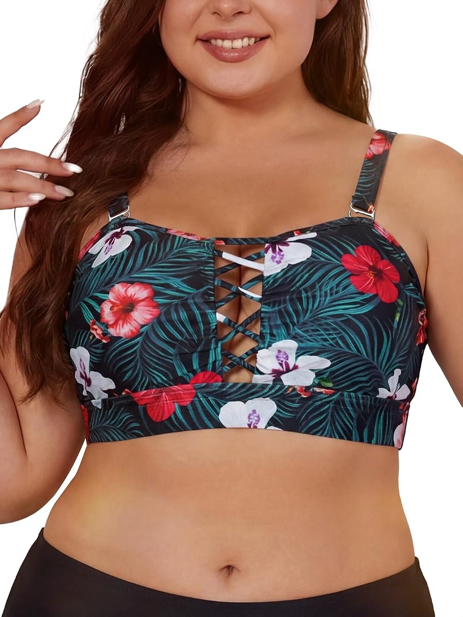 Haut de bikini bandeau noir à motif floral, laçage frontal et bretelles croisées