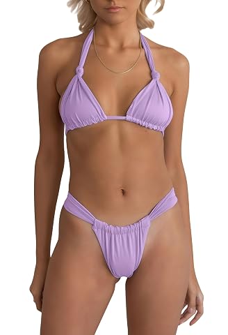Ensemble bikini violet clair avec haut triangle à liens et bas string brésilien à nœuds latéraux