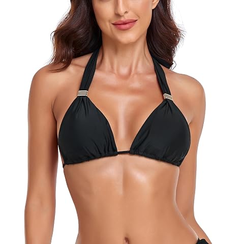Haut de bikini triangle noir à liens réglables, coussinets amovibles et détails métalliques dorés