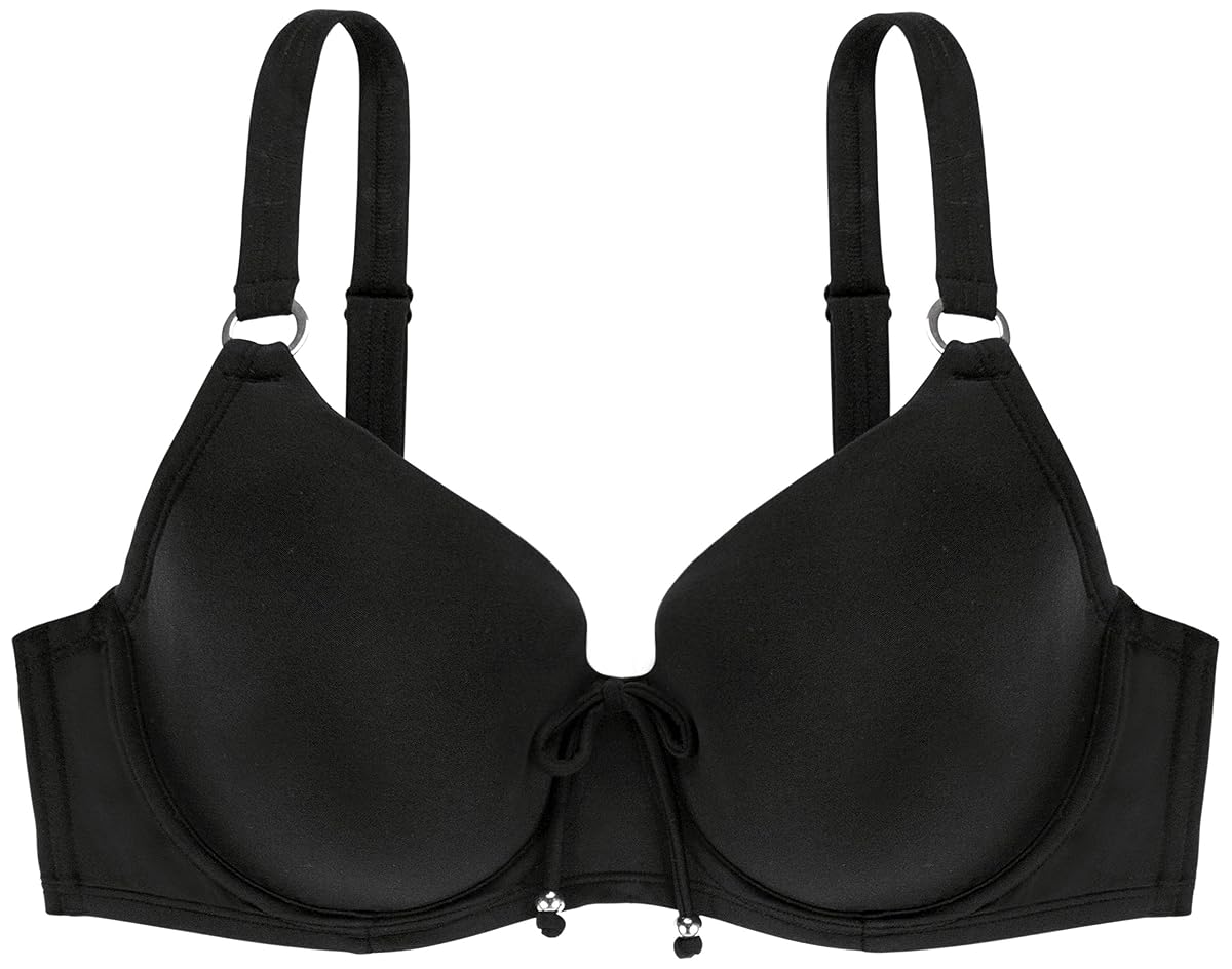 Haut de bikini balconnet noir à coques, armatures, anneaux argentés et liens décoratifs au centre