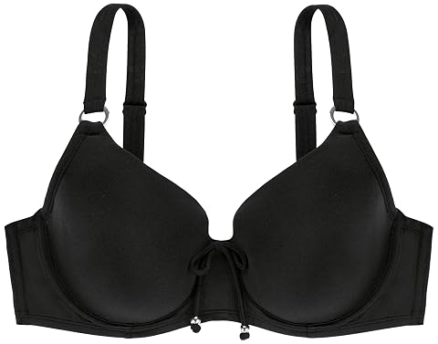 Haut de bikini balconnet noir à coques, armatures, anneaux argentés et liens décoratifs au centre