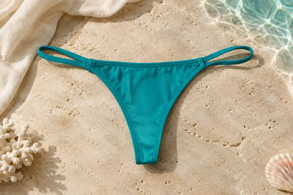 Bas de bikini tanga seul posé à plat sur une pierre beige