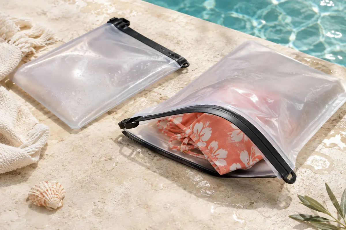 Pochette étanche entrouverte avec un maillot humide plié