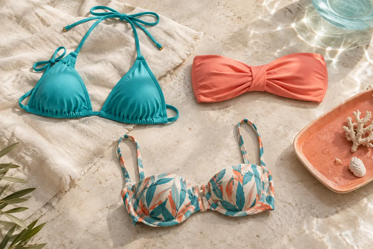 Hauts de bikini séparés de formes triangle, bandeau et balconnet