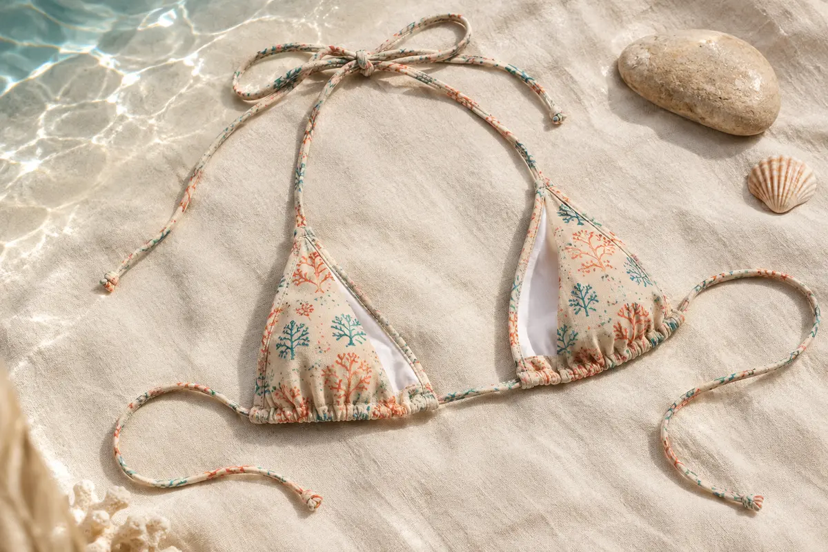 Haut de bikini triangle vendu seul avec liens posés sur du lin