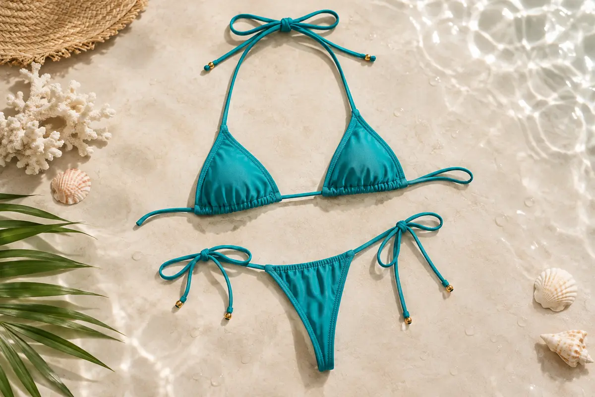 Bikini string ultra-mini assorti avec liens à nouer sur fond clair