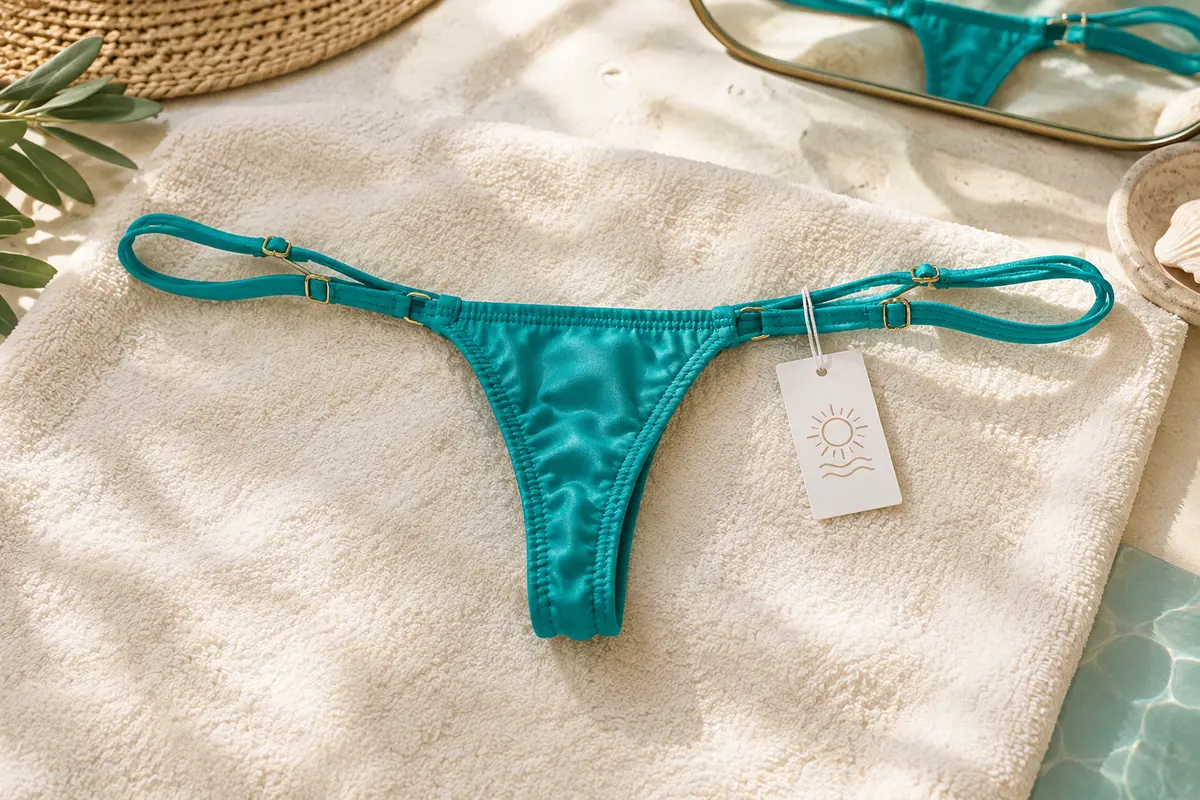 Bas de bikini tanga posé sur une serviette, avec son étiquette attachée et ses liens visibles.