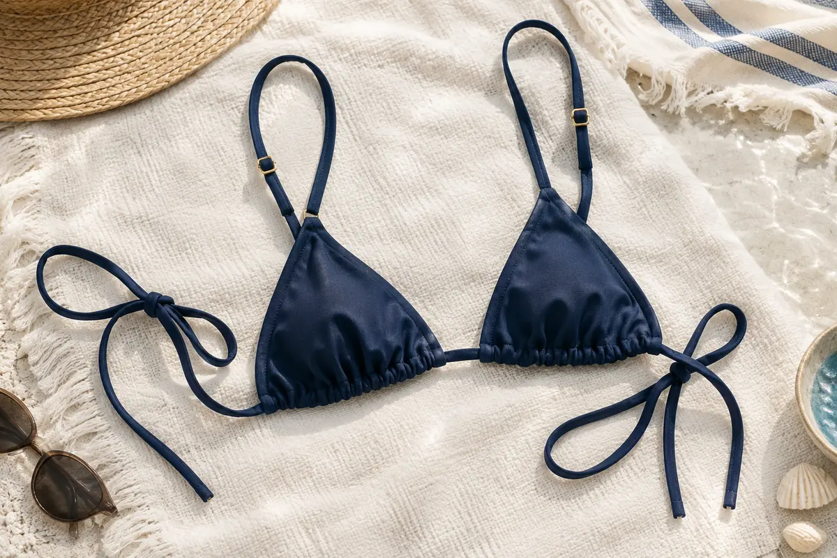 Haut de bikini posé à plat, montrant une bretelle réglable et des liens à nouer sur une serviette claire.