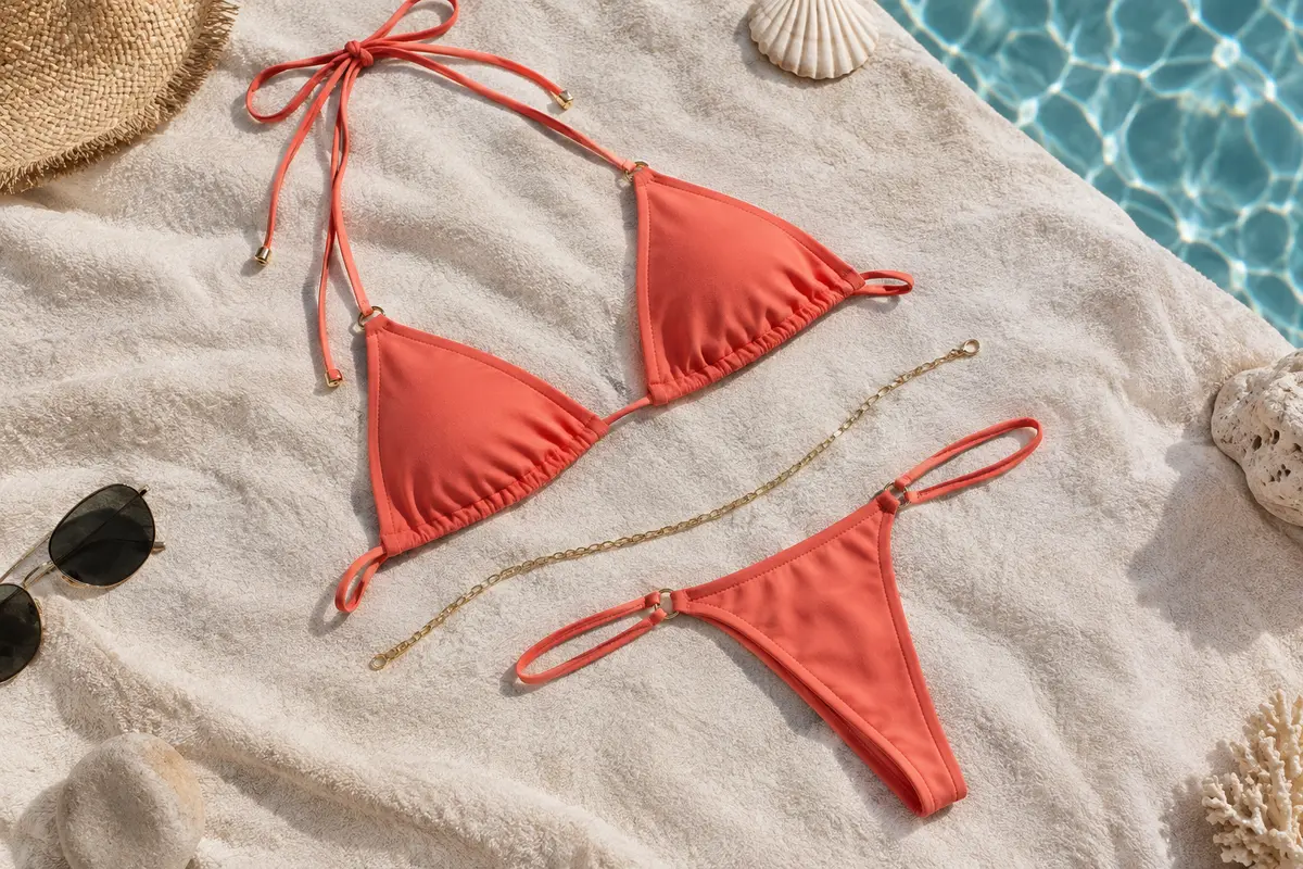 Haut et bas de bikini séparés avec une chaîne, disposés sur une serviette claire pour illustrer un budget composé par poste.