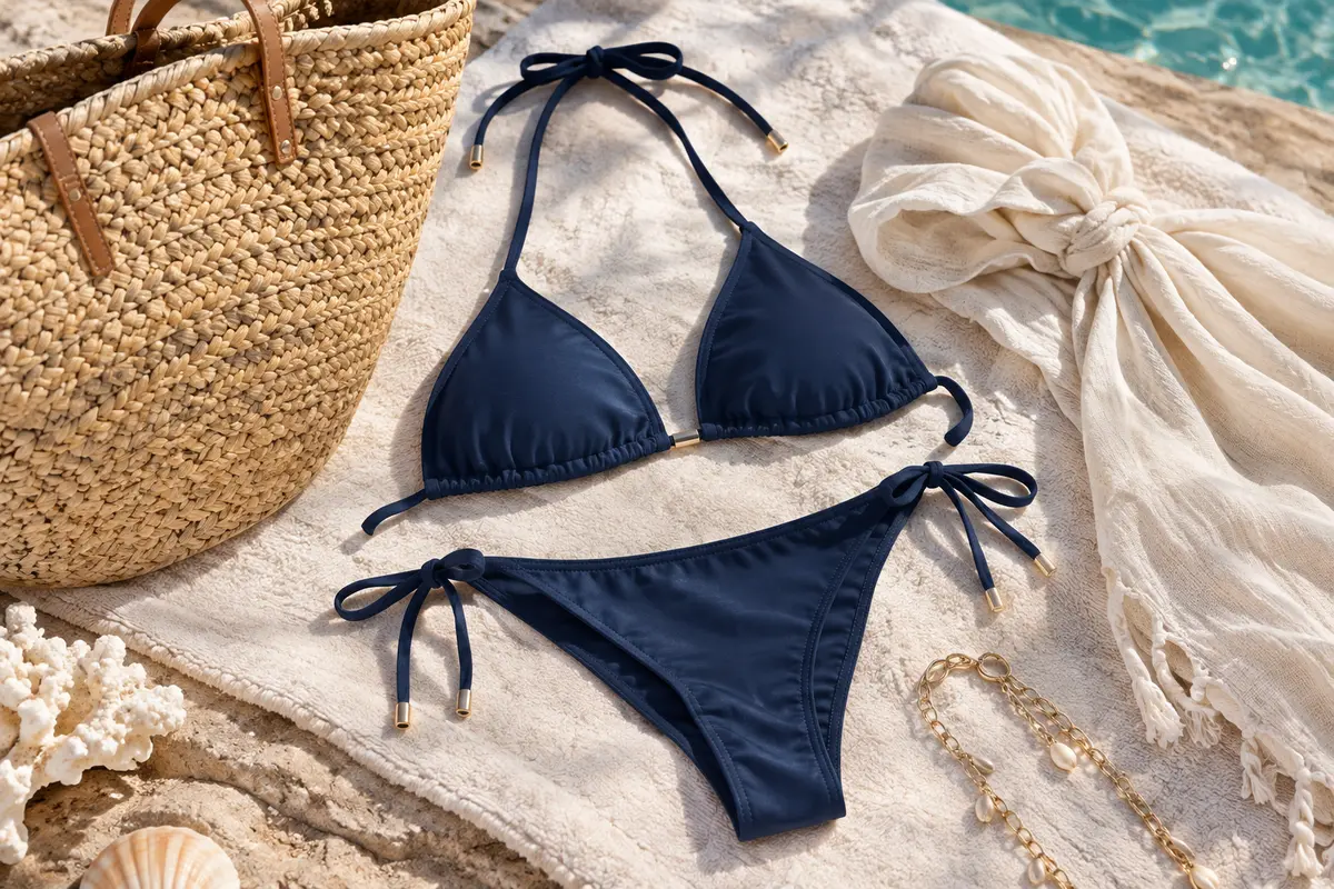 Maillot bleu marine uni associé à un paréo écru, un sac tressé et une chaîne de bikini