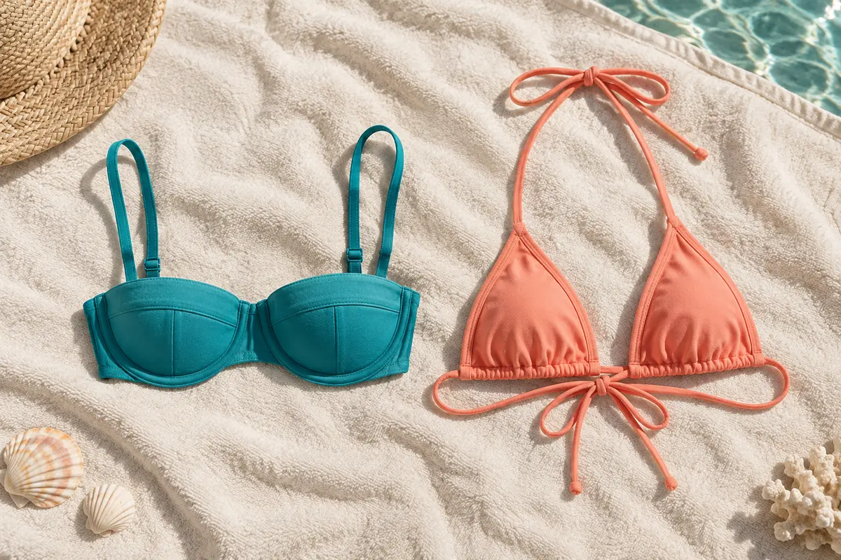 Deux hauts de bikini ultra-mini, un balconnet et un triangle, présentés côte à côte sur une serviette claire.