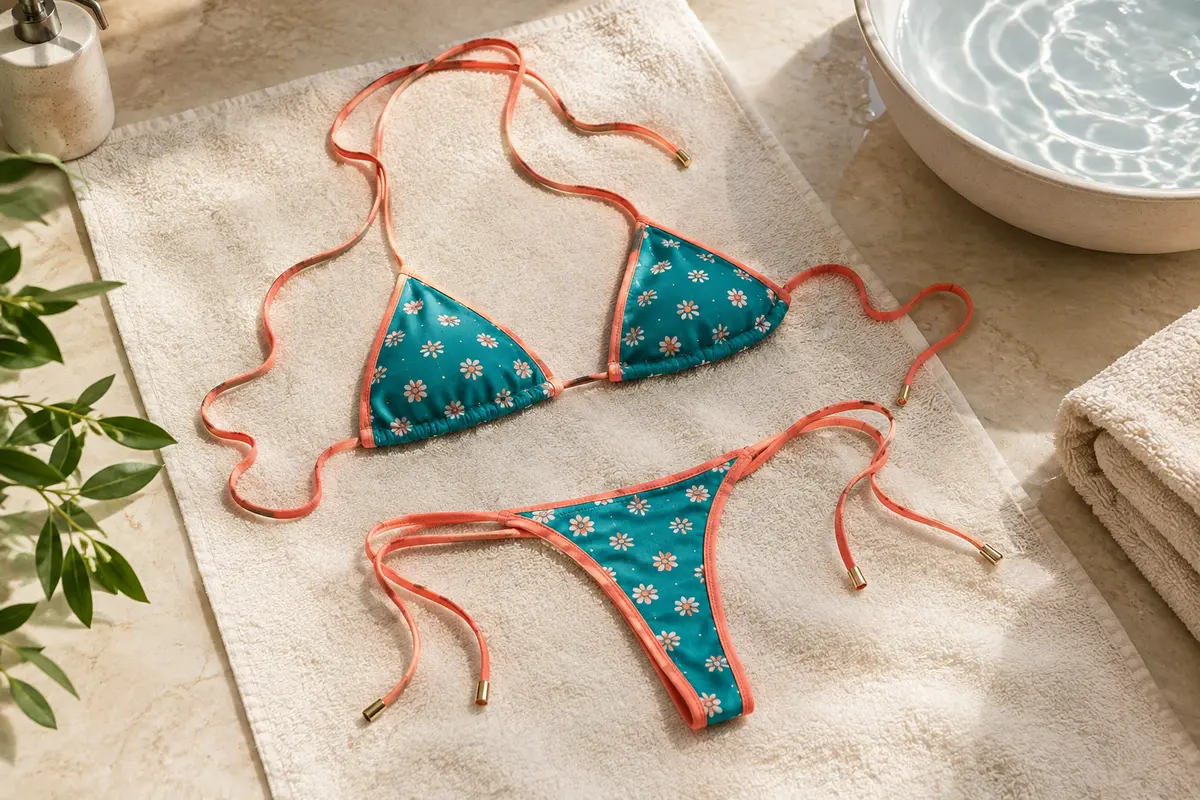 Maillot de bain ultra-mini posé sur une serviette, avec ses liens dénoués et ses finitions visibles.