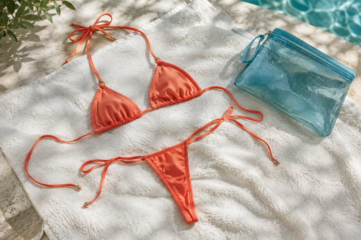 Bikini ultra-mini étalé à l’ombre sur une serviette, liens déployés pour un séchage doux