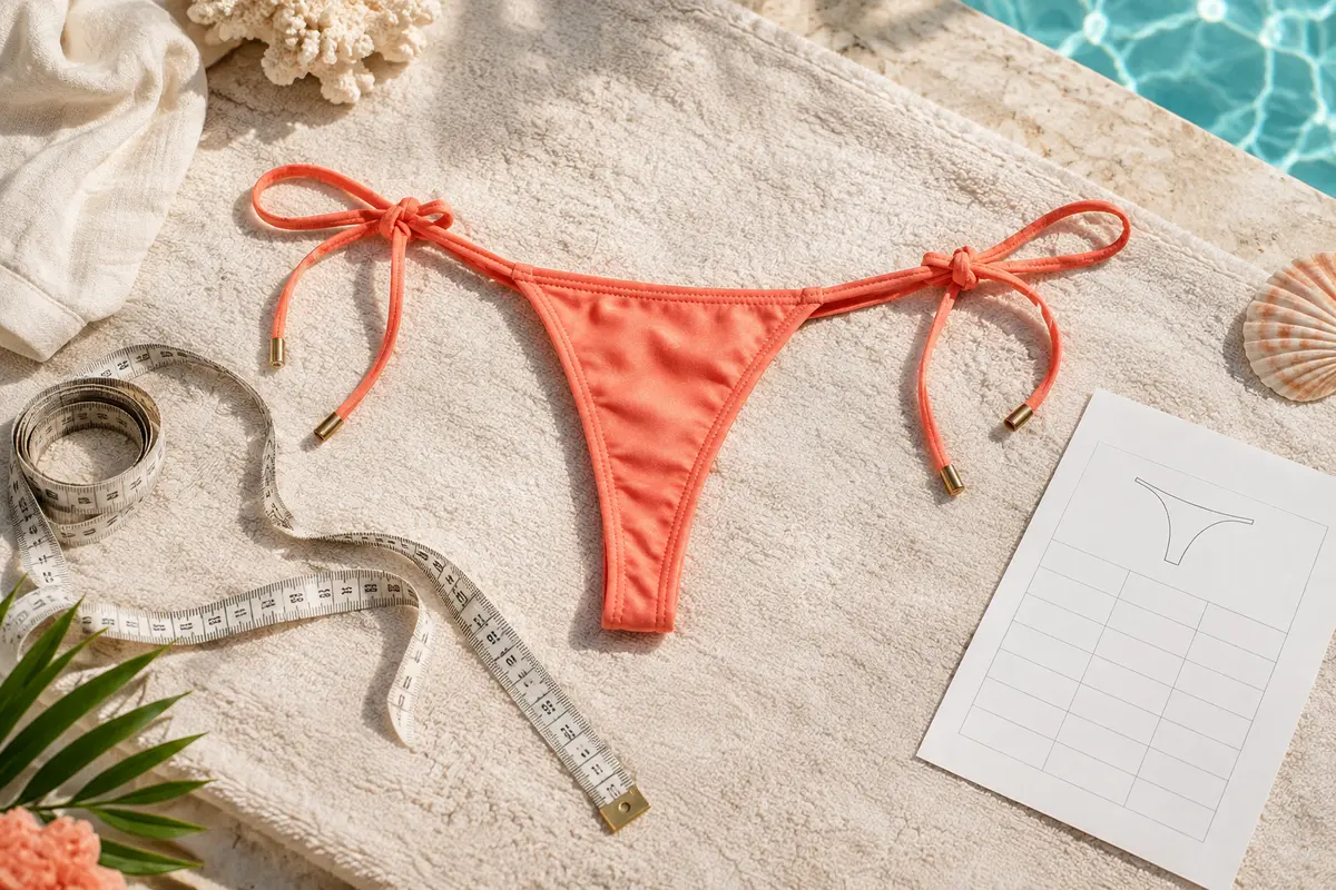 Bas de bikini string à liens posé près d’un mètre ruban et d’une fiche de mesures vierge