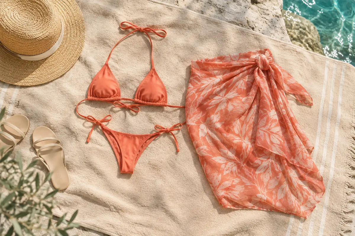 Bikini ultra-mini uni accompagné d’un paréo noué, d’un chapeau de paille et de sandales sur une serviette.